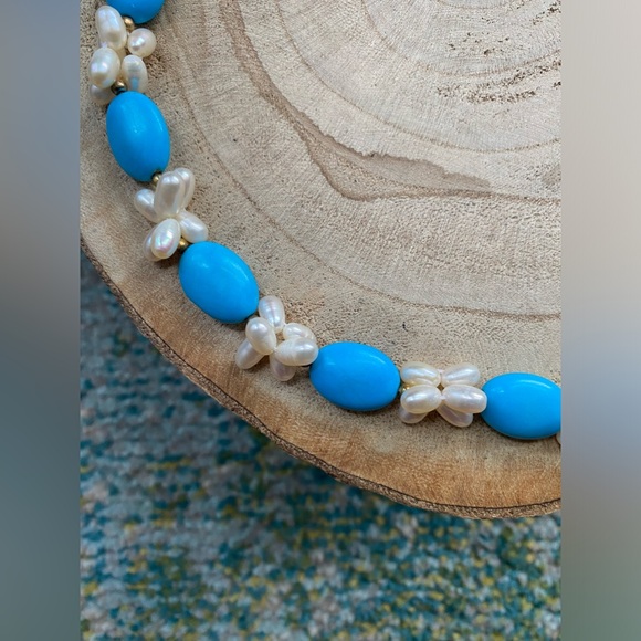 Vintage 90s turquoise beaded pearl drop necklace - Picture 2 of 5